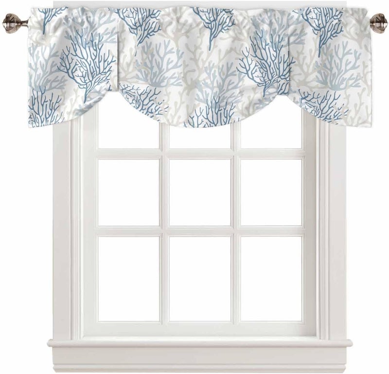 RisQiten Blue Grey Coral Coastal Tie Up Valance Curtains for Windows, Summer Beach Kitchen Curtains Window Treatments, Seaside Nautical Short Window Shades Valances for Bedroom Bathroom Cafe 54"x18" - Image 1